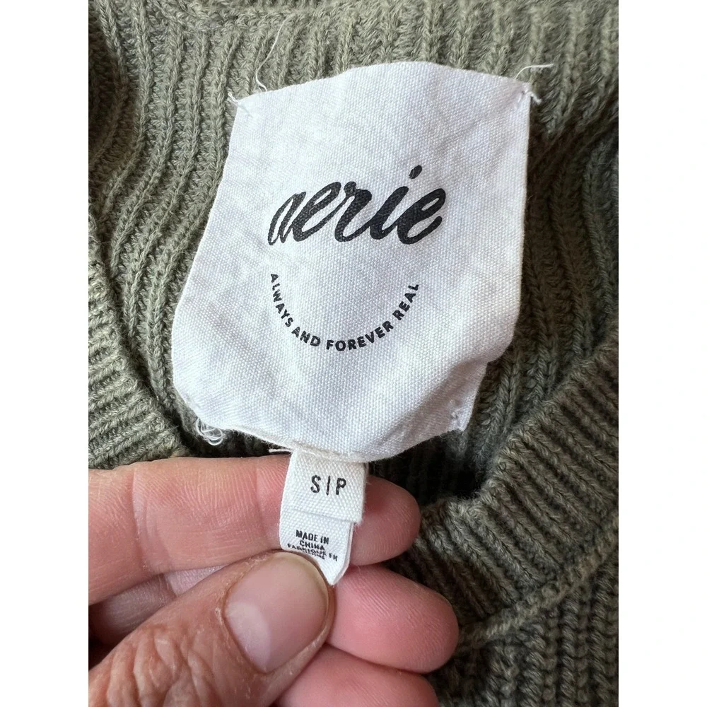 Aerie Womens Olive Green Striped Ribbed V-Neck Cotton Oversized Sweater‎ Small